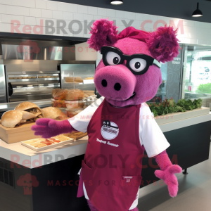Magenta Pulled Pork Sandwich mascot costume character dressed with a Polo Shirt and Reading glasses