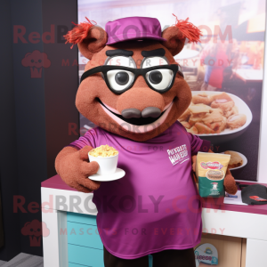 Magenta Pulled Pork Sandwich mascot costume character dressed with a Polo Shirt and Reading glasses