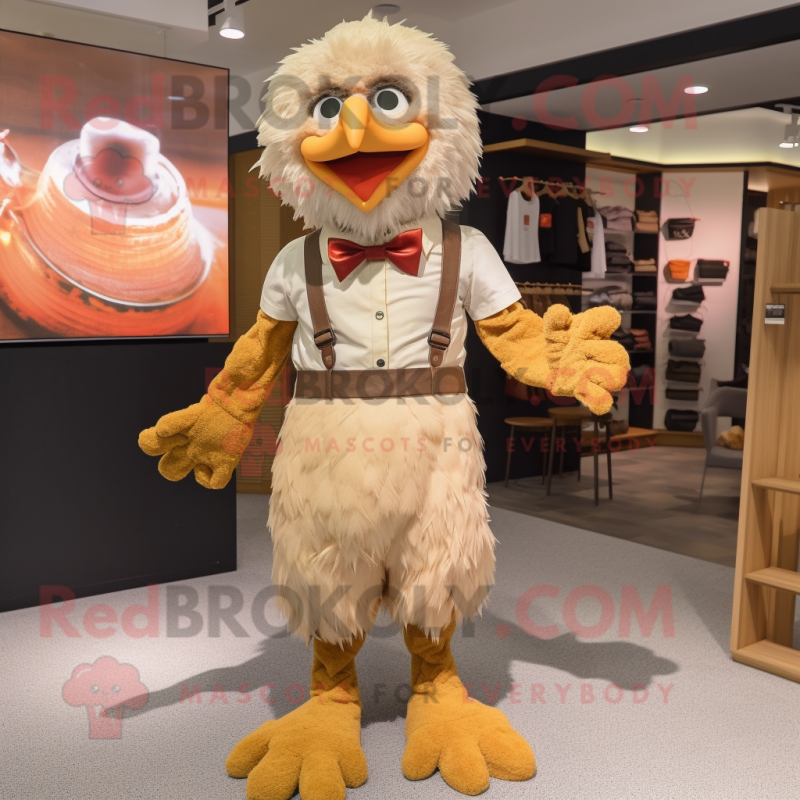Tan Fried Chicken mascot costume character dressed with a Culottes and Suspenders Tan Fried Chicken mascot costume character dressed with a Culottes and Suspenders