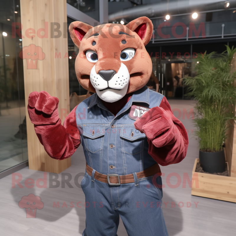 Maroon Puma mascot costume character dressed with a Denim Shirt and Belts