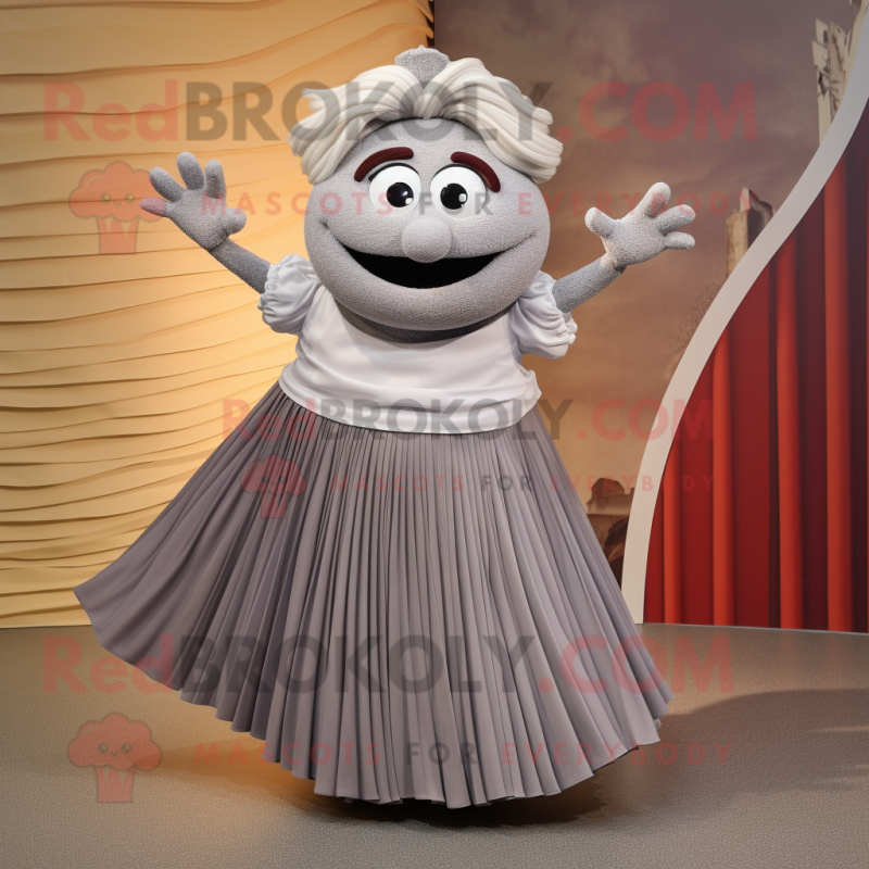 Gray Moussaka mascot costume character dressed with a Pleated Skirt and Rings Gray Moussaka mascot costume character dressed with a Pleated Skirt and Rings