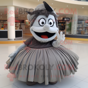 Gray Moussaka mascot costume character dressed with a Pleated Skirt and Rings