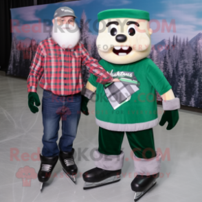 Forest Green Pair Of Ice Skates mascot costume character dressed with a Flannel Shirt and Suspenders