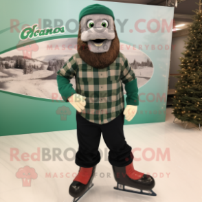 Forest Green Pair Of Ice Skates mascot costume character dressed with a Flannel Shirt and Suspenders