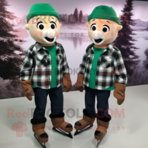 Forest Green Pair Of Ice Skates mascot costume character dressed with a Flannel Shirt and Suspenders