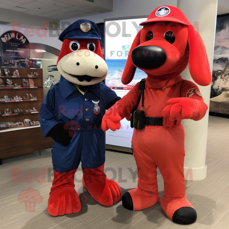 Red Navy Seal mascot costume character dressed with a Poplin Shirt and Keychains Red Navy Seal mascot costume character dressed with a Poplin Shirt and Keychains