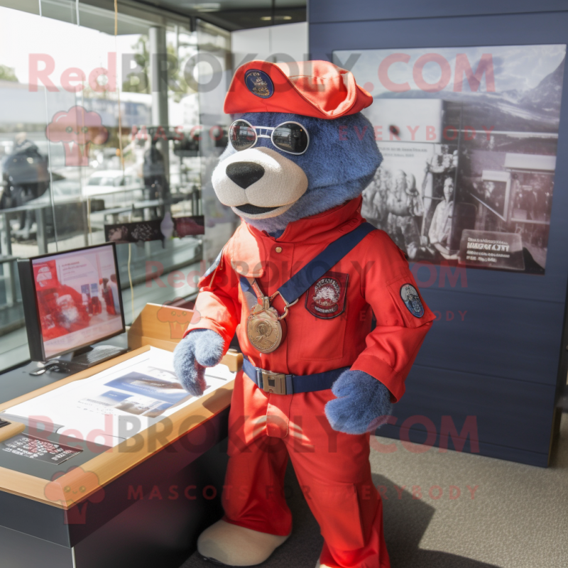 Red Navy Seal mascot costume character dressed with a Poplin Shirt and Keychains