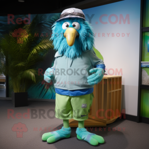 Cyan Kiwi mascot costume character dressed with a Bermuda Shorts and Belts