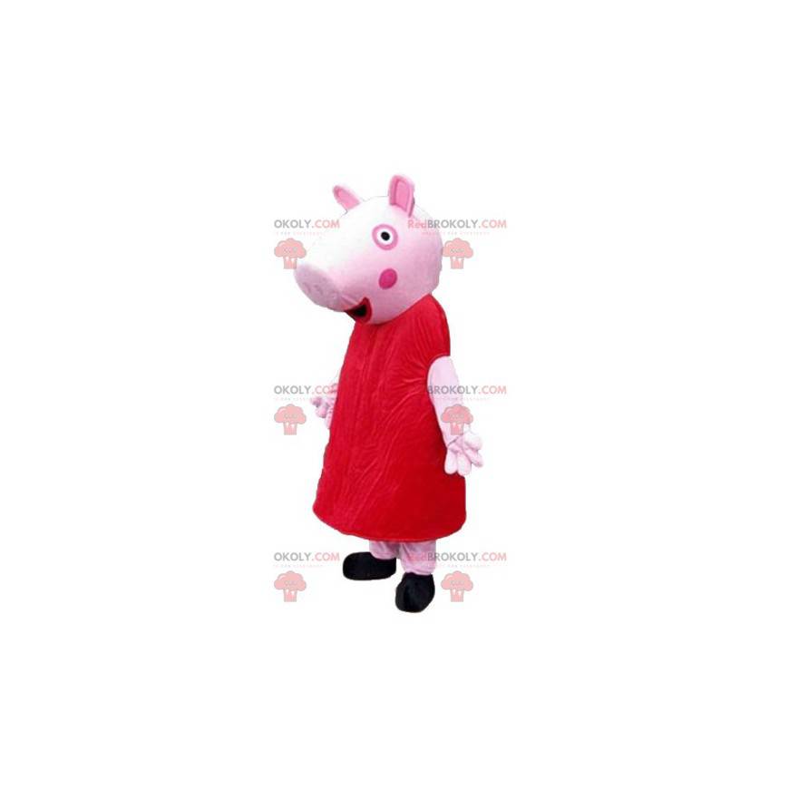 Mascota de cerdo rosa vestida con un vestido rojo -