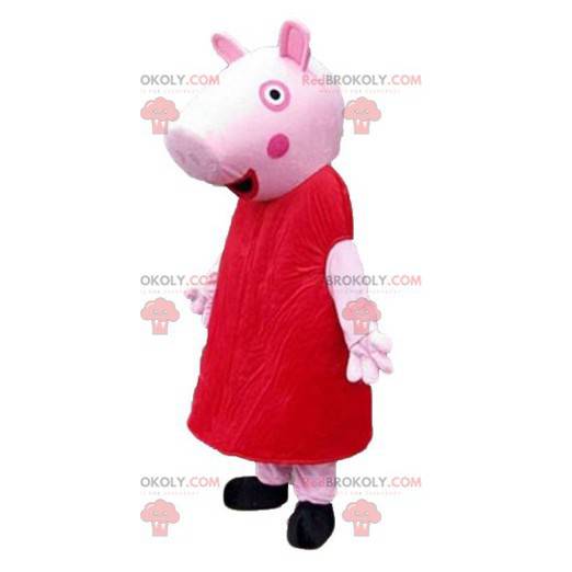 Rosa gris maskot kledd i en rød kjole - Redbrokoly.com