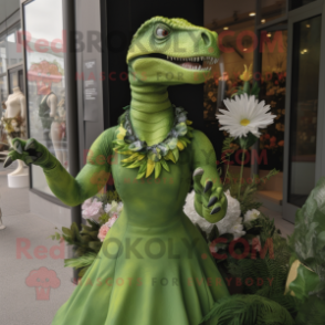 Lime Green Allosaurus mascot costume character dressed with a Empire Waist Dress and Brooches