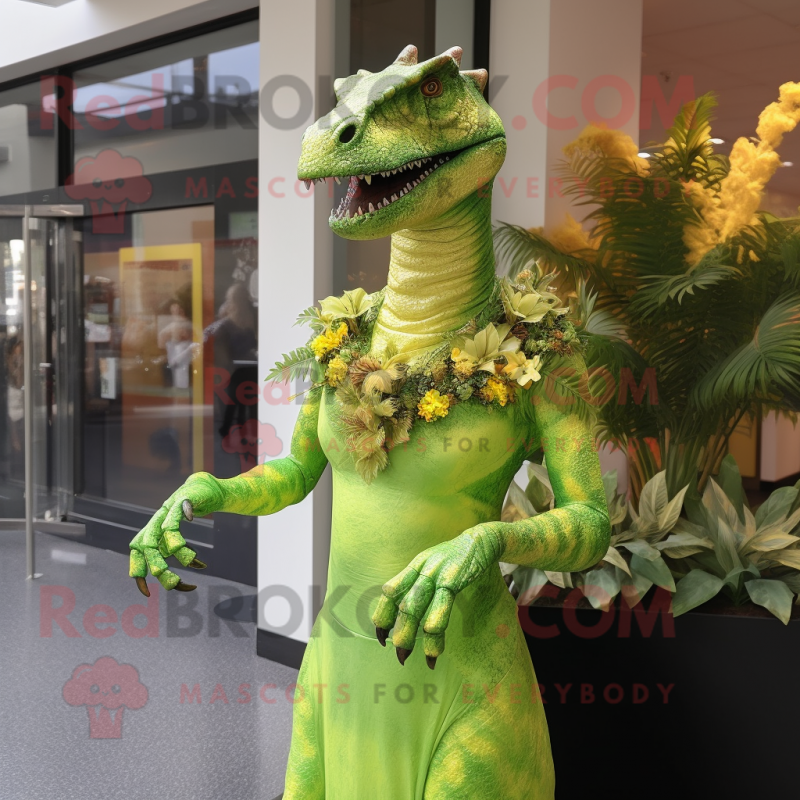 Lime Green Allosaurus mascot costume character dressed with a Empire Waist Dress and Brooches