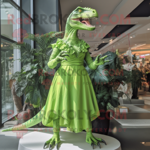 Lime Green Allosaurus mascot costume character dressed with a Empire Waist Dress and Brooches