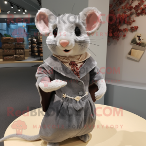 Gray Dormouse mascot costume character dressed with a Sheath Dress and Brooches