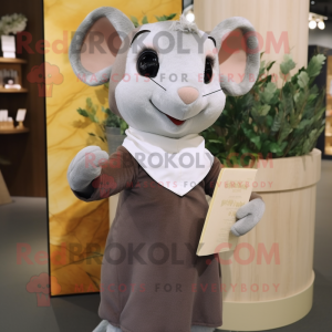 Gray Dormouse mascot costume character dressed with a Sheath Dress and Brooches