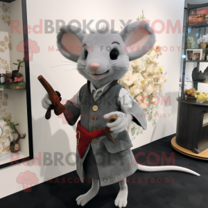 Gray Dormouse mascot costume character dressed with a Sheath Dress and Brooches