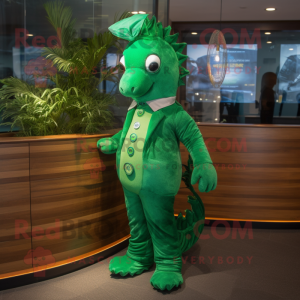 Green Sea Horse mascot costume character dressed with a Suit and Headbands