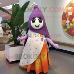 Lavender Mango mascot costume character dressed with a Wrap Skirt and Shawl pins