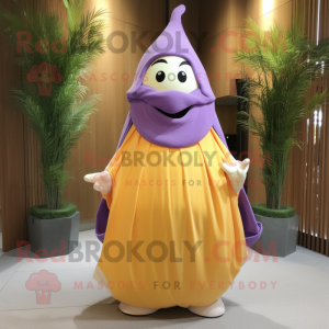 Lavender Mango mascot costume character dressed with a Wrap Skirt and Shawl pins
