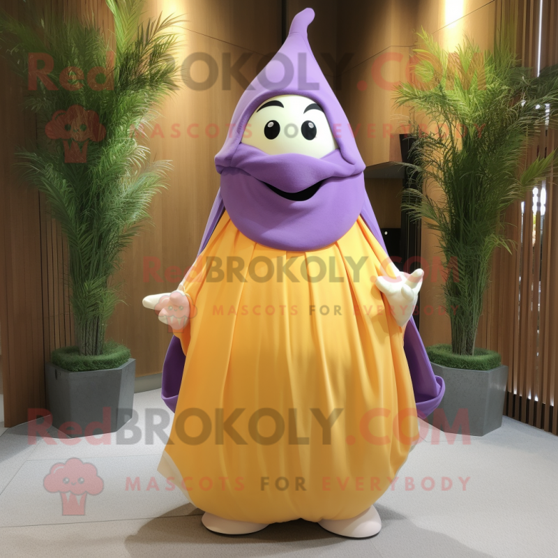 Lavender Mango mascot costume character dressed with a Wrap Skirt and Shawl pins Lavender Mango mascot costume character dressed with a Wrap Skirt and Shawl pins