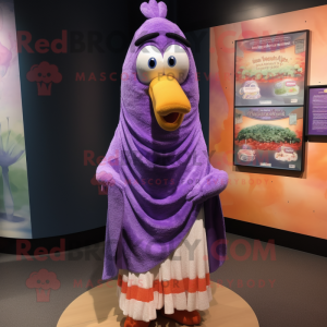Lavender Mango mascot costume character dressed with a Wrap Skirt and Shawl pins