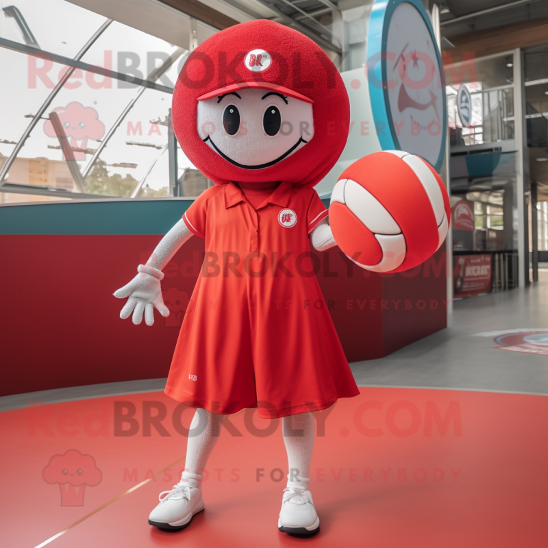 Red Volleyball Ball mascot costume character dressed with a Shift Dress and Caps Red Volleyball Ball mascot costume character dressed with a Shift Dress and Caps