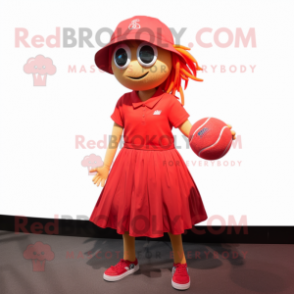Red Volleyball Ball mascot costume character dressed with a Shift Dress and Caps