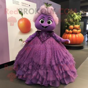 Purple Raspberry mascot costume character dressed with a Ball Gown and Earrings