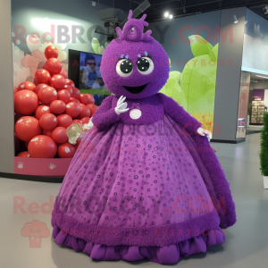 Purple Raspberry mascot costume character dressed with a Ball Gown and Earrings