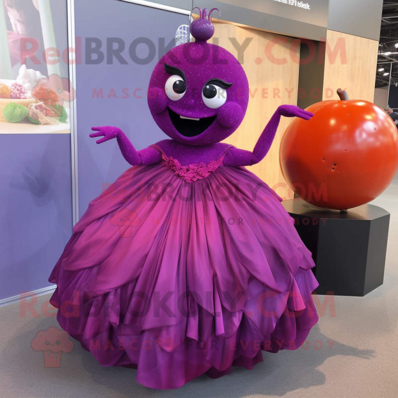 Purple Raspberry mascot costume character dressed with a Ball Gown and Earrings