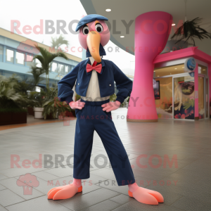 Navy Flamingo mascot costume character dressed with a Joggers and Bow ties