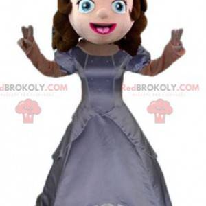 Mascotte de princesse avec une robe grise et une couronne -