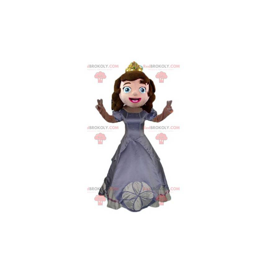 Mascota princesa con un vestido gris y una corona. -