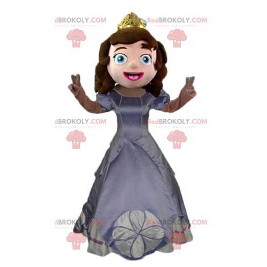 Princess mascotte met een grijze jurk en een kroon -