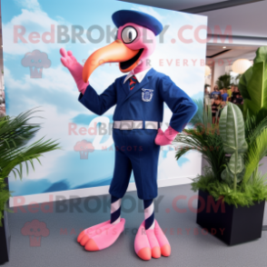 Navy Flamingo mascot costume character dressed with a Joggers and Bow ties