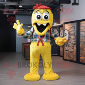 Yellow Medusa mascot costume character dressed with a Flannel Shirt and Bow ties