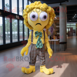 Yellow Medusa mascot costume character dressed with a Flannel Shirt and Bow ties