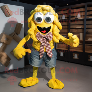 Yellow Medusa mascot costume character dressed with a Flannel Shirt and Bow ties