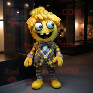 Yellow Medusa mascot costume character dressed with a Flannel Shirt and Bow ties