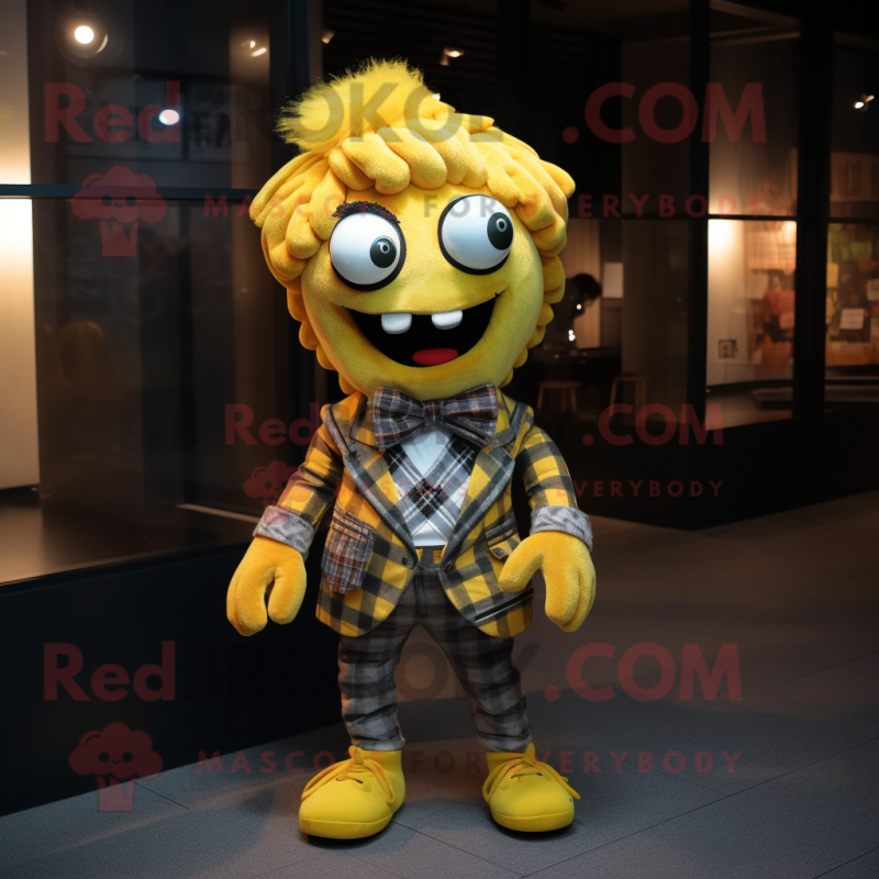 Yellow Medusa mascot costume character dressed with a Flannel Shirt and Bow ties