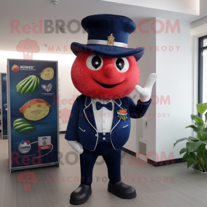 Navy Strawberry mascot costume character dressed with a Blazer and Hats