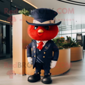 Navy Strawberry mascot costume character dressed with a Blazer and Hats