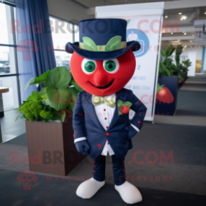 Navy Strawberry mascot costume character dressed with a Blazer and Hats