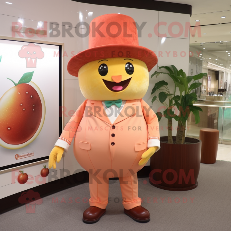 Peach Chocolates mascot costume character dressed with a Suit Pants and Hats Peach Chocolates mascot costume character dressed with a Suit Pants and Hats