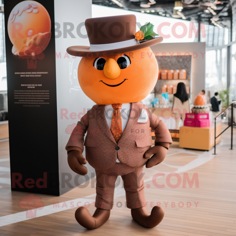 Peach Chocolates mascot costume character dressed with a Suit Pants and Hats Peach Chocolates mascot costume character dressed with a Suit Pants and Hats