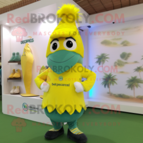 Lemon Yellow Peacock mascot costume character dressed with a Capri Pants and Beanies