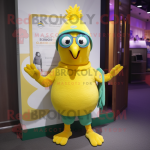 Lemon Yellow Peacock mascot costume character dressed with a Capri Pants and Beanies