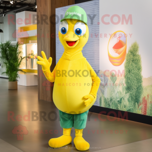 Lemon Yellow Peacock mascot costume character dressed with a Capri Pants and Beanies