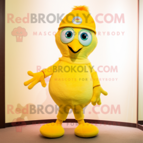 Lemon Yellow Peacock mascot costume character dressed with a Capri Pants and Beanies