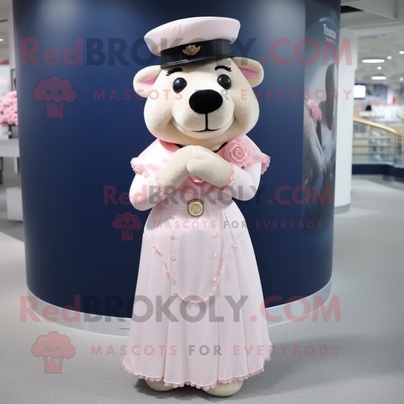 Navy Pink mascot costume character dressed with a Wedding Dress and Necklaces Navy Pink mascot costume character dressed with a Wedding Dress and Necklaces